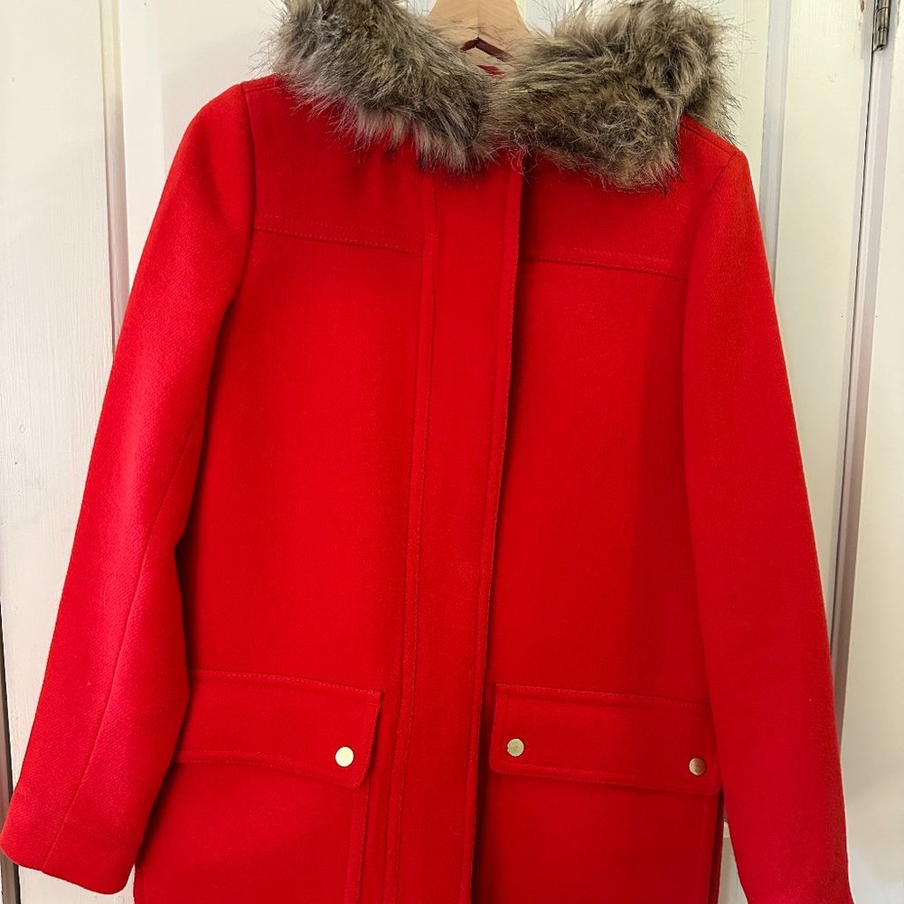 J. Crew  Vail Wool Parka Red Size 4 Faux Fur  (Removable) Hood